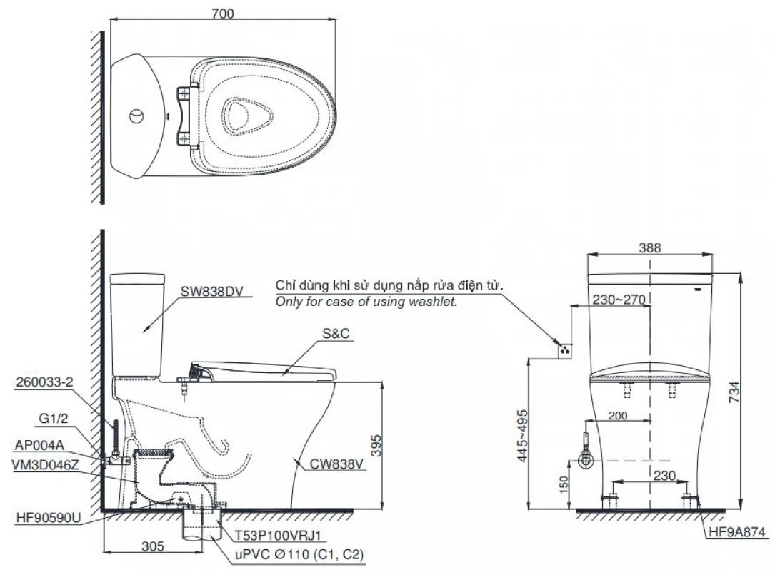 Bồn Cầu TOTO CS838CDW23 – 2 Khối Nắp Washlet S7 TCF47360GAA Giấu Dây 4 ban-ve-bon-cau-toto-cs838cdw23-toto-banletaikho