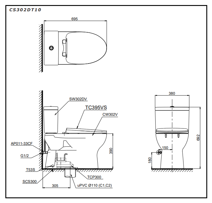 Bồn cầu 2 khối TOTO CS302DT10 nắp đóng êm TC395VS 22 cs302dt10-toto-banletaikho-10