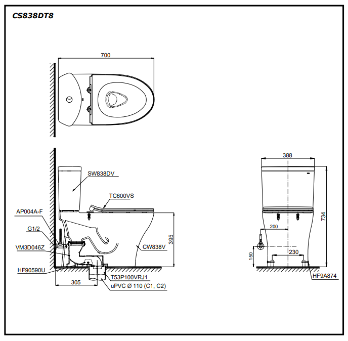 Bồn cầu 2 khối TOTO CS838DT8 nắp đóng êm TC600VS 2 cs838dt8-xw-bvkt-toto-banletaikho