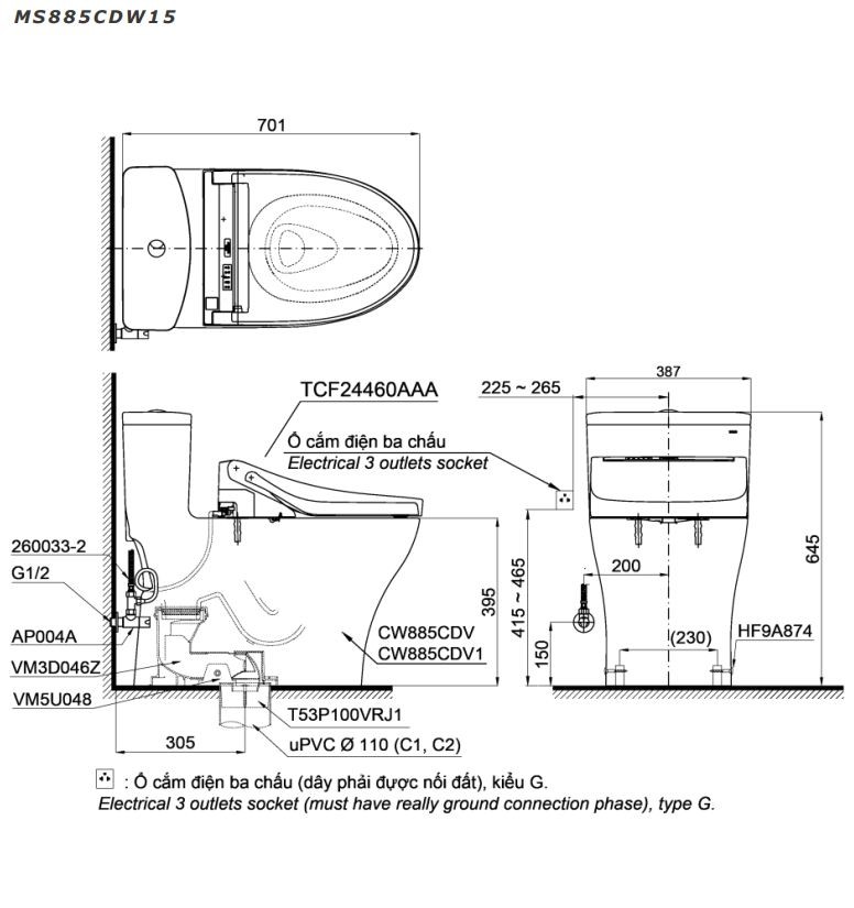 Bồn Cầu TOTO MS885CDW15 – Một Khối, Nắp Rửa Điện Tử Washlet C5 Giấu Dây 2 ms885cdw15-xw-bvkt-toto-banletaikho