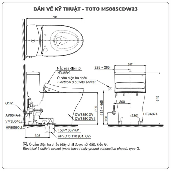 Bồn cầu TOTO MS885CDW23 1 khối nắp điện tử Washlet S7 TCF47360GAA giấu dây 4 bvkt-ms885cdw23-toto-banletaikho